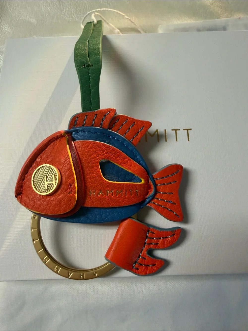 Hammitt Red-Orange & Blue Leather Fish Keyring with Green Strap